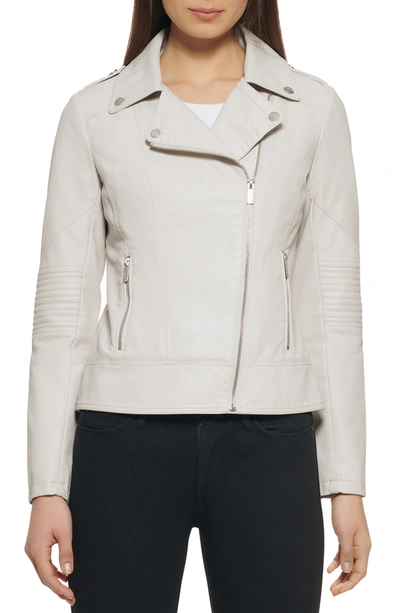 Shop Guess Faux Leather Asymmetrical Moto Jacket In Stone