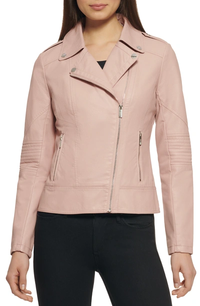 Shop Guess Faux Leather Asymmetrical Moto Jacket In Dusty Pink