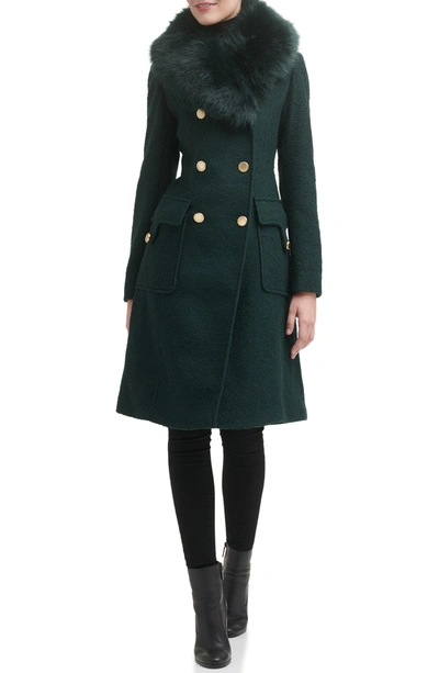 Shop Guess Removable Faux Fur Collar Wool Blend Double Breasted Walker Coat In Emerald