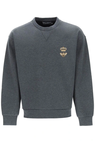 Shop Dolce & Gabbana Crew Neck Sweatshirt With Bee And Crown Embroidery In Grey