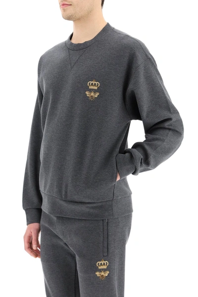 Shop Dolce & Gabbana Crew Neck Sweatshirt With Bee And Crown Embroidery In Grey