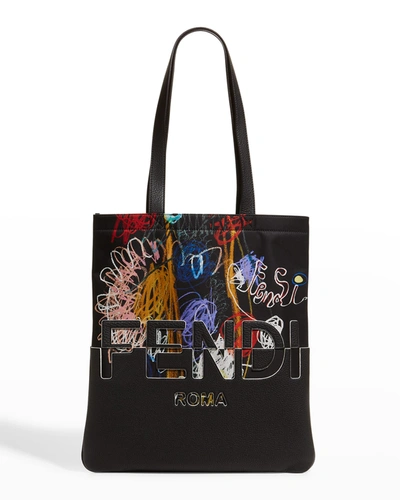 Shop Fendi Men's Mixed-media Artist Tote Bag In Neromlcp