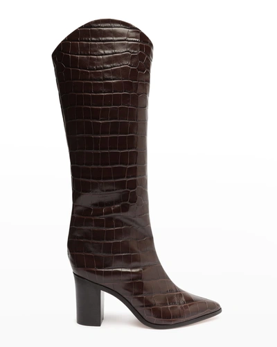 Shop Schutz Analeah Croc-embossed Knee-high Boots In Dark Chocolate
