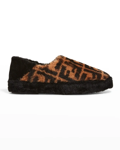 Shop Fendi Men's Ff Logo Shearling Slippers In Tabacconeronero