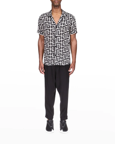 Shop Balmain Men's Monogram Pajama Shirt In Ivory/black