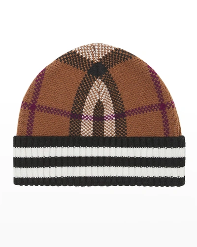 Shop Burberry Men's Cashmere Check Beanie Hat In Dark Birch Brown