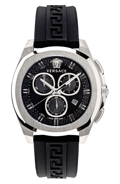 Shop Versace Geo Chronograph Silicone Strap Watch, 41mm In Black Silver