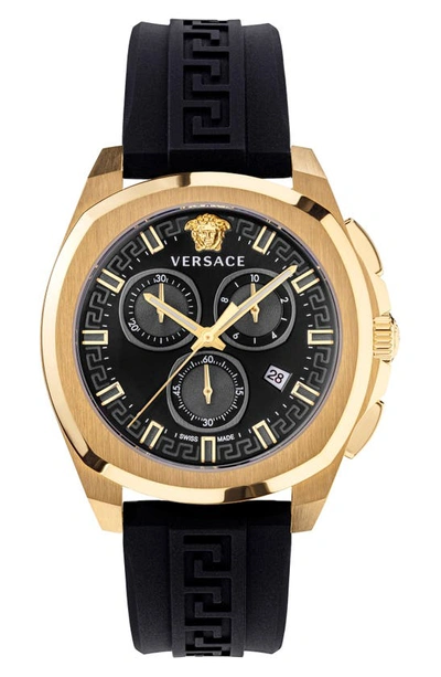 Shop Versace Geo Chronograph Silicone Strap Watch, 41mm In Black Gold