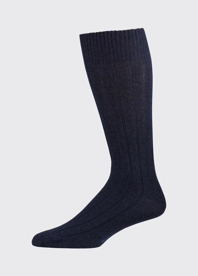Shop Marcoliani Men's Ribbed Cashmere Dress Socks In Navy