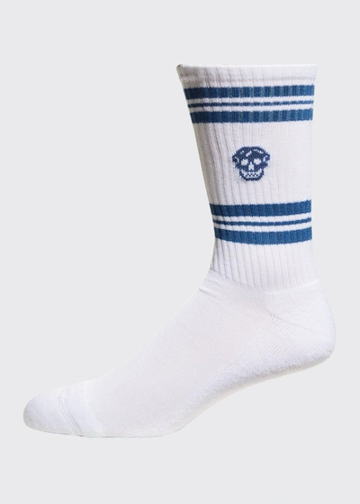 Shop Alexander Mcqueen Men's Striped Skull Crew Socks In Misc White