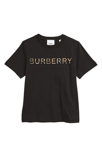 Shop Burberry Kids' Eugene Embroidered Check Logo Cotton T-shirt In Black
