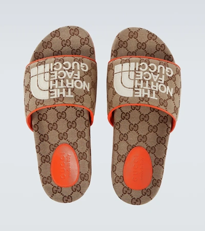 Shop Gucci The North Face X  Canvas Slides In Beige Ebony/d.orange