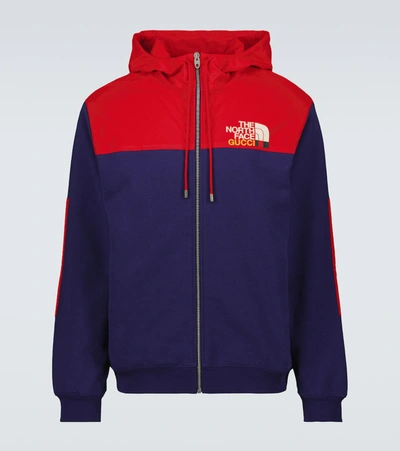 Gucci The North Face Shell-trimmed Logo-print Cotton-jersey Zip-up Hoodie In  Blue | ModeSens