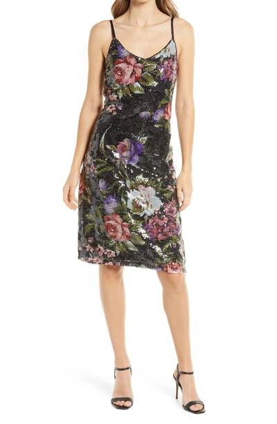 Shop Btfl-life Floral Print Sequin Tank Dress In Black Multi