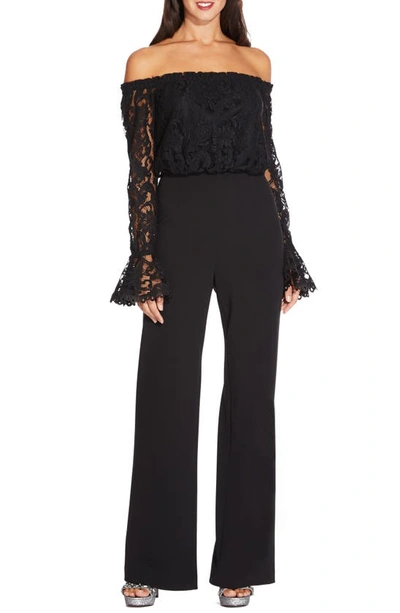 Shop Adrianna Papell Off The Shoulder Lace & Crepe Jumpsuit In Black