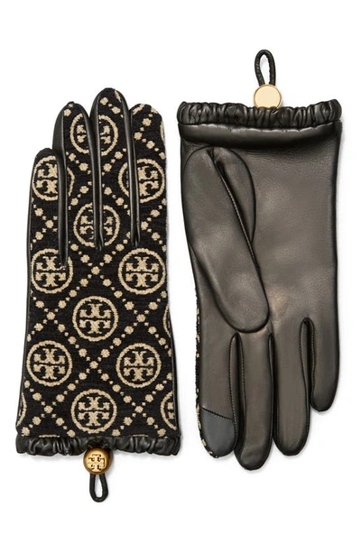 Shop Tory Burch T Monogram Chenille & Leather Gloves In Black / New Cream