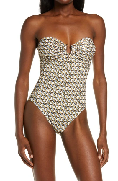 Shop Tory Burch Printed Bandeau One-piece Swimsuit In French Cream Ribbon Wave