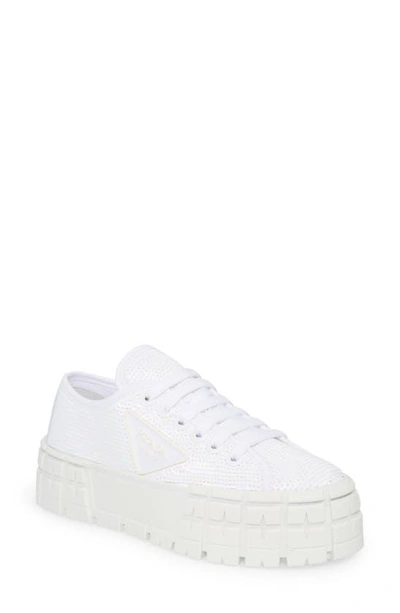 Shop Prada Double Wheel Sequin Platform Sneaker In Bianco