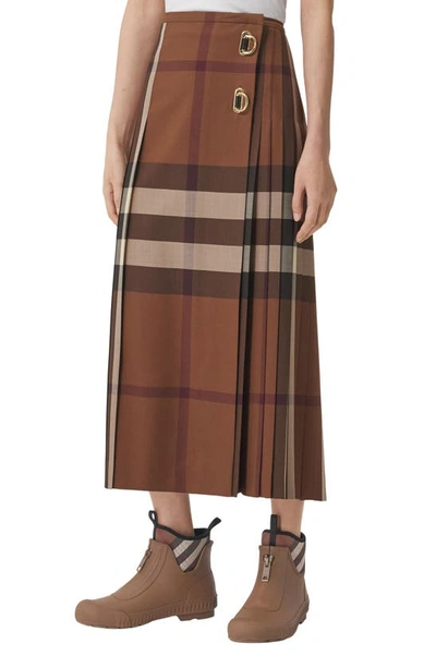 Shop Burberry Winifred Check Pleated Long Wool Kilt In Dark Birch Brown Chk