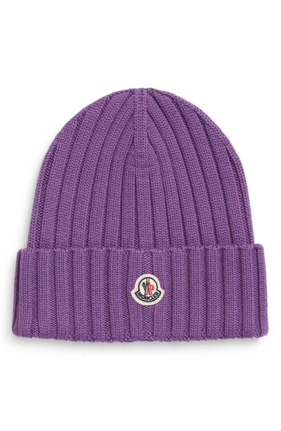 Shop Moncler Logo Patch Rib Wool Beanie In Purple