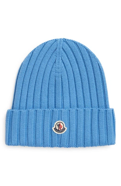 Shop Moncler Logo Patch Rib Wool Beanie In Turquoise