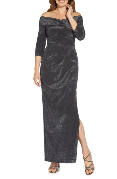 Shop Adrianna Papell Off The Shoulder Metallic Stretch Jersey Gown In Black/ Gunmetal
