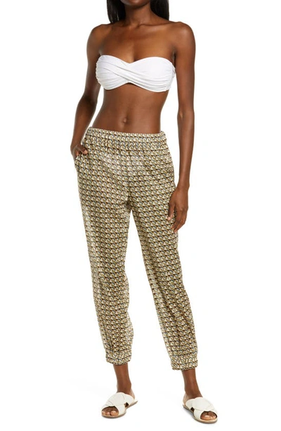 Shop Tory Burch Floral Print Crop Cotton Pants In French Cream Ribbon Wave