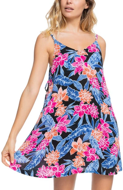 Shop Roxy Beachy Vibes Swim Cover-up Dress In Anthracite Tropical Oasis S