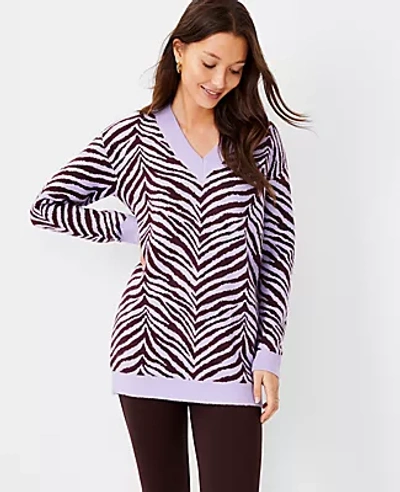 Shop Ann Taylor Petite Zebra Print V-neck Tunic Sweater In Starflower