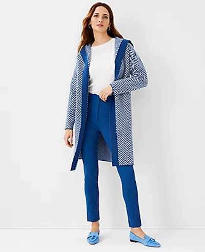 Shop Ann Taylor Herringbone Hooded Open Cardigan In Soft Denim Blue