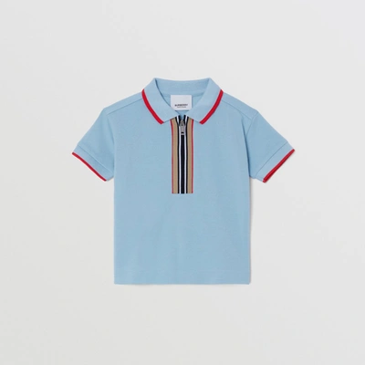 Shop Burberry Childrens Icon Stripe Detail Cotton Zip-front Polo Shirt In Powdered Blue