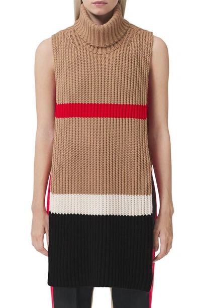 Shop Burberry Tabard Icon Stripe Cashmere Blend Cape Sweater In Camel