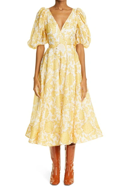Shop Zimmermann Postcard Puff Sleeve Belted Linen & Silk Midi Dress In Yellow Tonal Floral