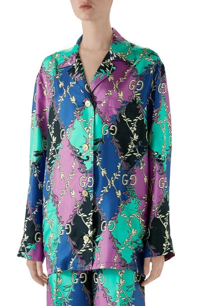 Shop Gucci Gg Rhombus Ramage Print Silk Twill Shirt In Violet/ Black Printed
