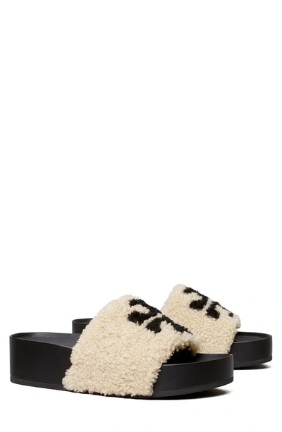 Tory Burch Double-t Faux-shearling Flatform Slides In Brown | ModeSens