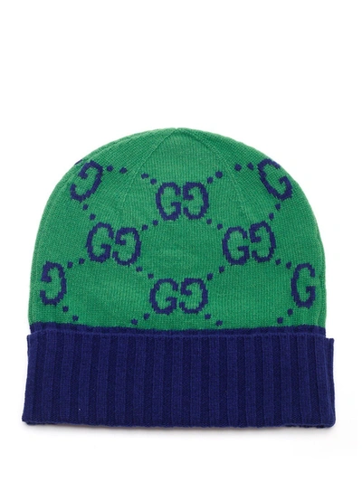 Shop Gucci Gg Motif Knit Beanie In Green