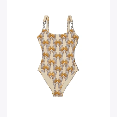 Shop Tory Burch Printed Clip Tank Swimsuit In Sand Deco Crane Geo