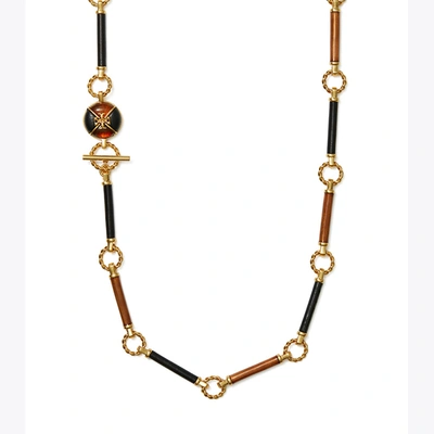Shop Tory Burch Kira Leather Long Necklace In Rolled Brass / Black / Moose