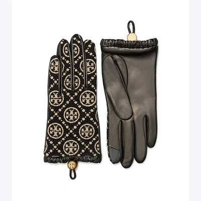 Shop Tory Burch T Monogram Chenille Gloves In Black / New Cream