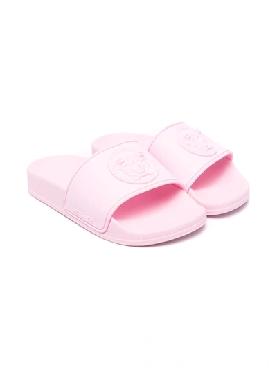 Shop Versace Medusa Embossed Slides In Pink