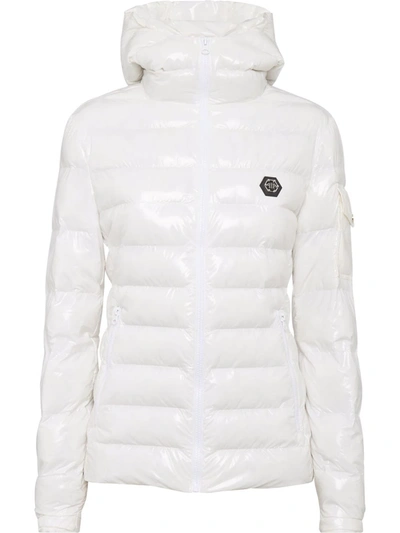 Shop Philipp Plein High-shine Hooded Down Jacket In White