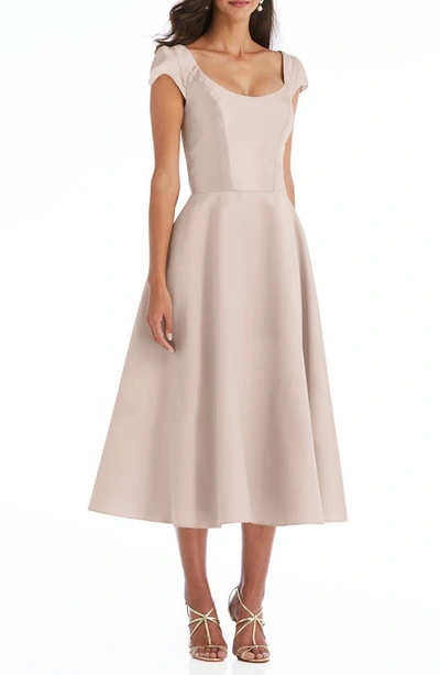 Shop Alfred Sung Cap Sleeve Full Skirt Satin Midi Cocktail Dress In Cameo