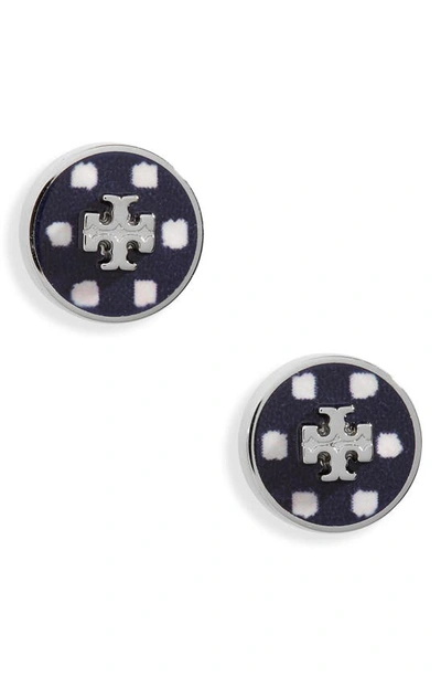 Shop Tory Burch Kira Circle Stud Earrings In Tory Silver / Navy Dot