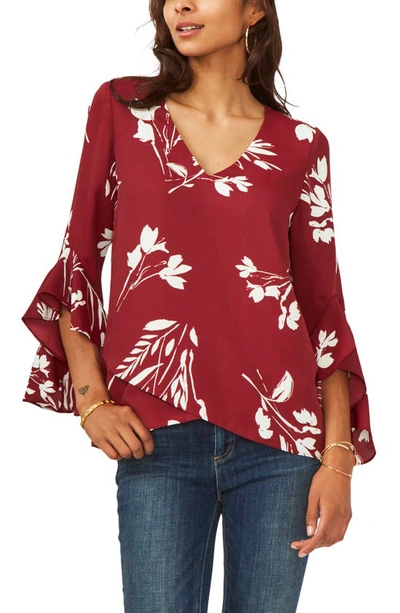 Shop Vince Camuto Floral Print Trumpet Sleeve Top In Earth Red