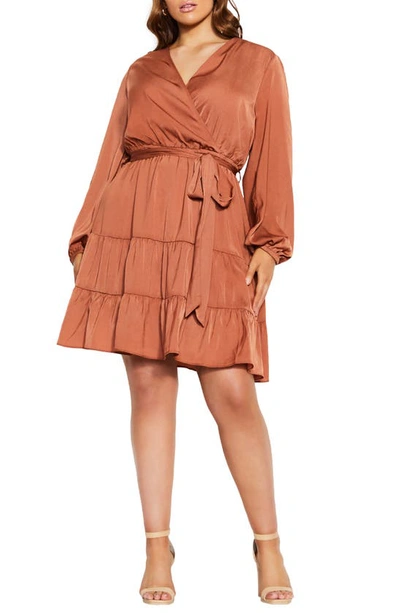 Shop City Chic Pretty Tier Long Sleeve Faux Wrap Dress In Toffee