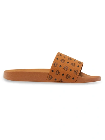 Shop Mcm Women's Monogram Logo Slides In Cognac