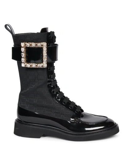Shop Roger Vivier Women's Viv Rangers Strass Buckle Jacquard & Patent Leather Boots In Black