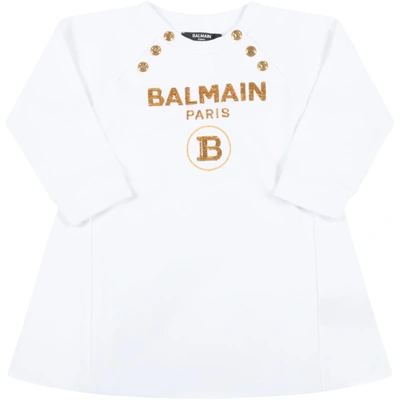 Shop Balmain White Dress For Baby Girl With Gold Logo