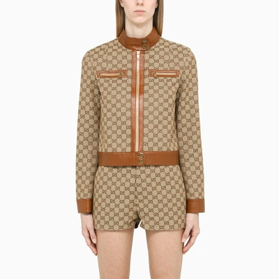 Shop Gucci Gg Jacquard Textile And Leather Jacket In Beige