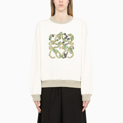 Shop Loewe Ecru Crew-neck Sweatshirt With Floral Anagram Embroidery In Multicolor